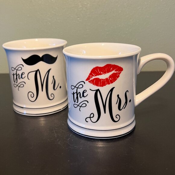 HOME ESSENTIALS  Mr. and  Mrs. Mug Set  ~  Mustache & Red Lipstick Kiss Print - Picture 1 of 7